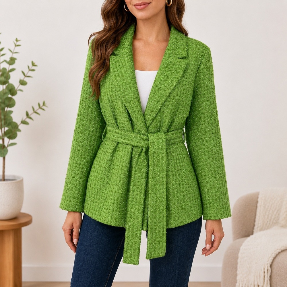 Alexia Admor Belted Tweed Blazer Womens 14 Green Textured Lurex Career